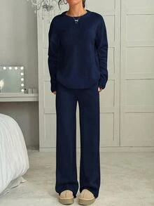 CovetEZ 女款純色圓領長袖上衣與長褲休閒針織毛衣套裝，秋季女裝 - 藏蓝色 - 查看 3