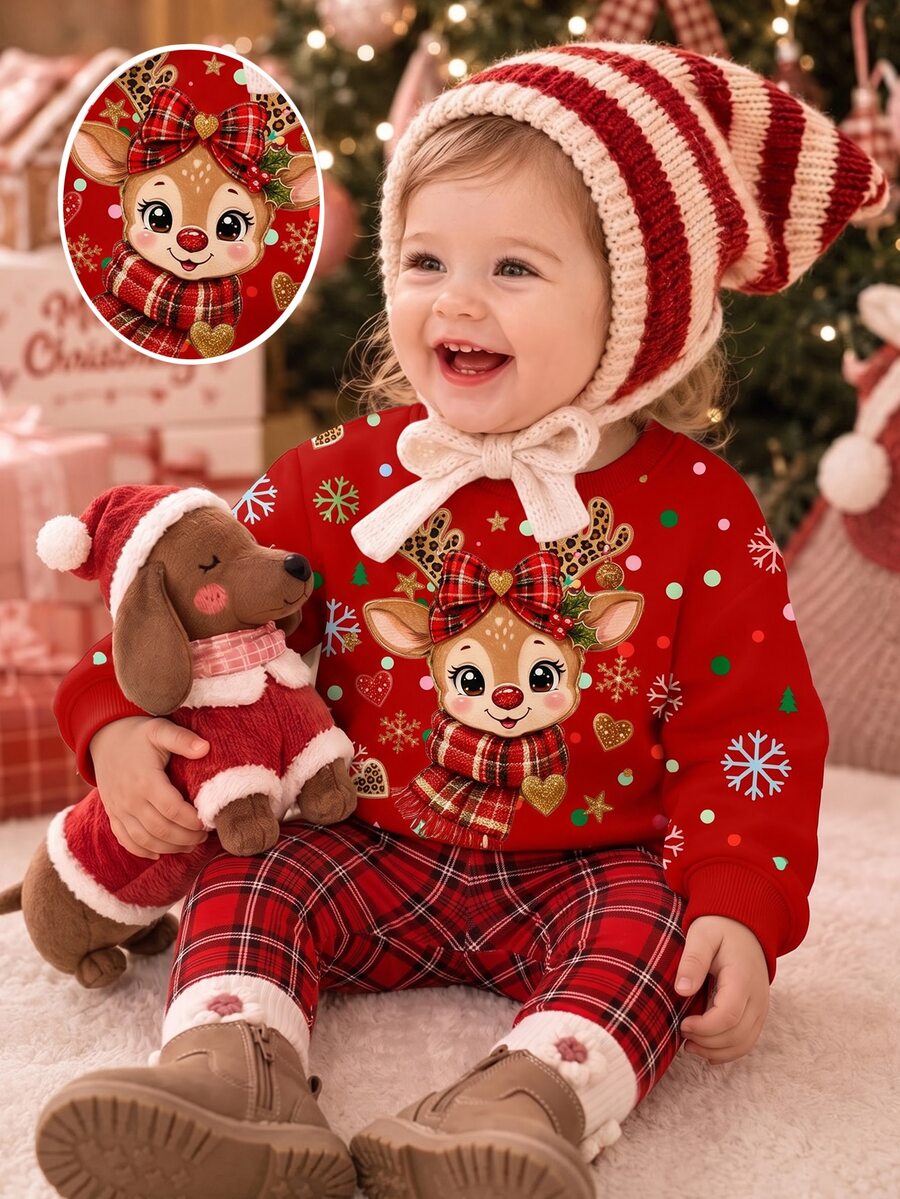 Baby Girl Cartoon Print Long Sleeve Sweatshirt And Autumn Winter Pants Casual Set - Multicolor - View 1