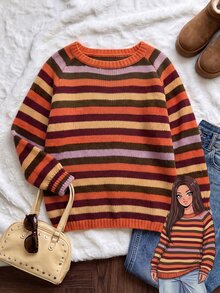 Comfortcana Plus Size Burnt Orange Striped Pattern Raglan Sleeve Sweater Halloween Thanksgiving Formal Graduation Vacation Autumn Retro Casual 80s - Multicolor - View 9