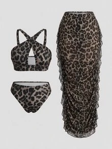 Slaydiva Plus Size Women's Summer Beach Leopard Print Halter Neck Tie Sexy Bikini And Triangle Bottom Two-Piece Swimsuit Set With Skirt - Multicolor - View 12