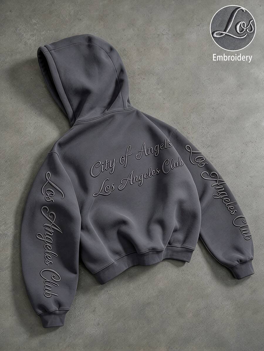 Manfinity Roghcode Men's Letter Embroidered Long Sleeve Casual Hoodie - Grey - View 1