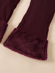 SHEIN Young Girl Furry Lapel & Cuffs Patchwork Jacket Top And Flare Legs Furry Patchwork Pants For Fall Winter Fashion - Burgundy - View 6