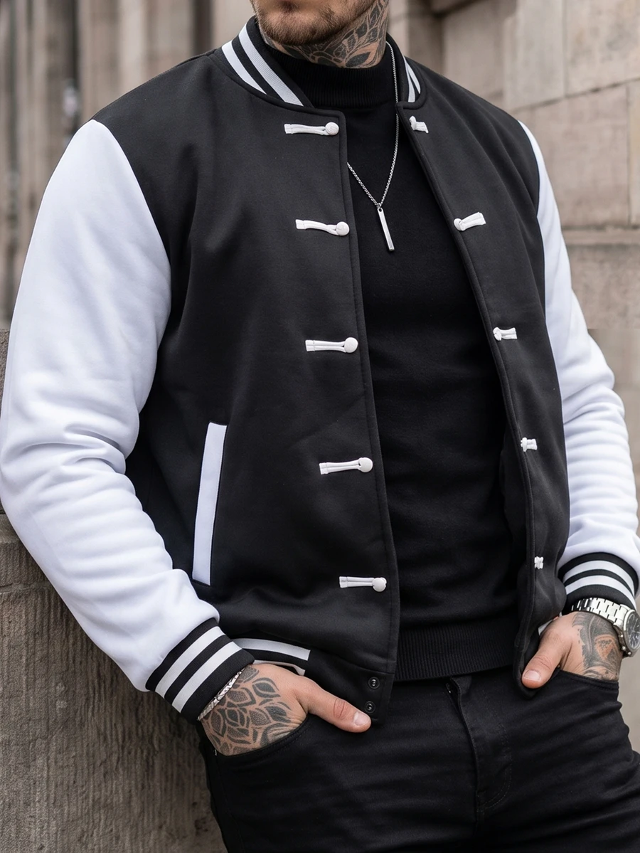 Manfinity CasualCool 男士休閒時尚復古運動青蛙鈕扣長袖寬鬆夾克,送給家人和男友的禮物 - 黑與白 - 查看 1