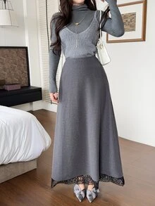 Feyla Women's Lace Patchwork Casual Daily Skirt - Dark Grey - View 4