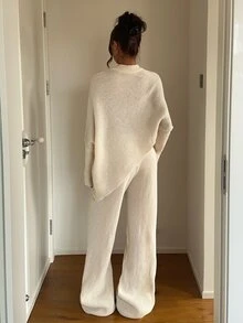 Aloruh Women's Elegant High Neck Asymmetrical Sweater 2 Pieces Set - Apricot - View 2