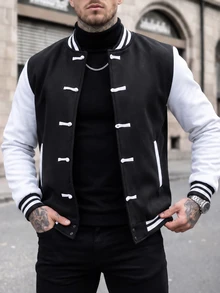 Manfinity CasualCool 男士休閒時尚復古運動青蛙鈕扣長袖寬鬆夾克，送給家人和男友的禮物 - 黑與白 - 查看 4