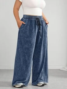 SHEIN CURVE+ 大尺碼黑色直筒寬鬆休閒長褲，紋理羊毛，2026秋冬 22W - 霧霾藍 - 查看 5