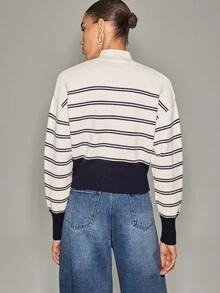 Anewsta Essential Women's New Autumn/Winter Long Sleeve Stand Collar Zipper Contrast Color Striped Knit Sweater - Apricot - View 2