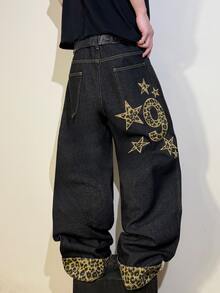 STEELVANCE Streetwear Retro Fashion Versatile Distressed Washed Embroidered Patchwork Design Loose Straight Wide Leg Casual Denim Jeans (Belt And Accessories Not Included) - Black - View 1