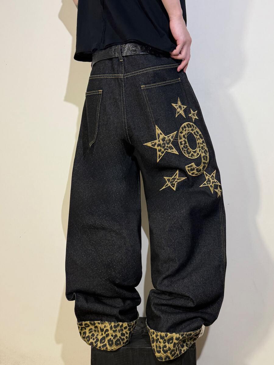 STEELVANCE Streetwear Retro Fashion Versatile Distressed Washed Embroidered Patchwork Design Loose Straight Wide Leg Casual Denim Jeans (Belt And Accessories Not Included) - Black - View 1