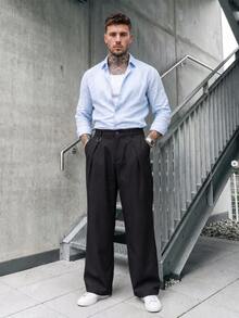 Manfinity CasualCool 男士成熟休閒百褶純色正式風寬鬆黑色長褲，節日禮物完美選擇 - 黑色 - 查看 4