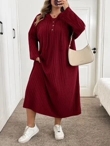 SHEIN CURVE+ 女款大尺碼 22W 連帽長洋裝，秋冬季 - 酒紅色 - 查看 3