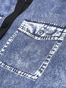 Maweii Plus Size Denim Effect Print Shirt Dress, Collared Button-Down With Faux Pockets, Patchwork Black Ruffle Hem, Loose Fit - Blue - View 6