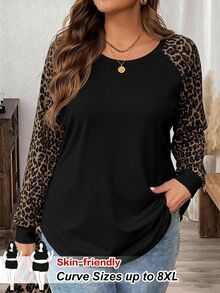 SHEIN CURVE+ Plus Size Vintage Leopard Print Casual Raglan Sleeve Loose Fit T-Shirt - Multicolor - View 1