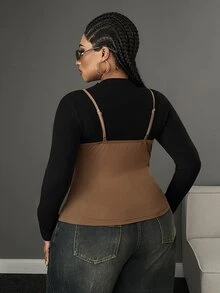 Maweii Plus Size Sleeveless Fur Trim Sexy Camisole Tank Top - Brown - View 6