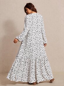 Elaquor 大尺碼女款小碎花V領燈籠袖休閒洋裝 秋季 - 白色 - 查看 2