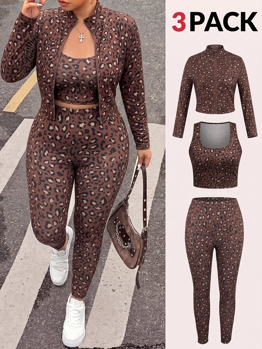 SHEIN EZwear 秋冬鏽棕色豹紋休閒大尺碼女裝套裝 - 鏽棕色 - 查看 1