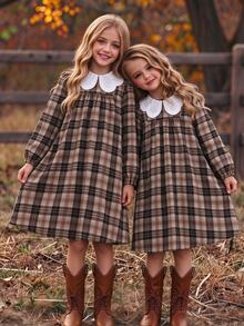 SHEIN Tween Girls' Brown Gentle Style Minimalist Floral Print Long Sleeve Pullover Dress, Loose Fit, Elega - Brown - View 1