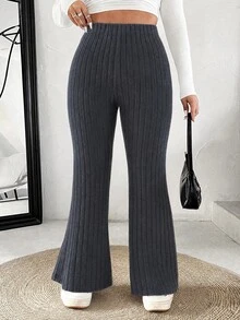 SHEIN EZwear 大尺碼女款素色開衩羅紋喇叭褲 秋季 - 深灰色 - 查看 3
