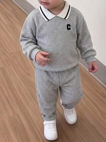 Young Boys 2pcs Ribbed Knit Outfit, Contrast Striped Collar Long Sleeve Top & Elastic Pants, Letter - Green - View 5