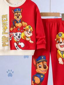 SHEIN | PAW Patrol 小男孩黃色拼色卡通小狗印花寬鬆衛衣套裝 秋季長袖上衣與長褲 返校休閒穿搭 - 彩色 - 查看 6