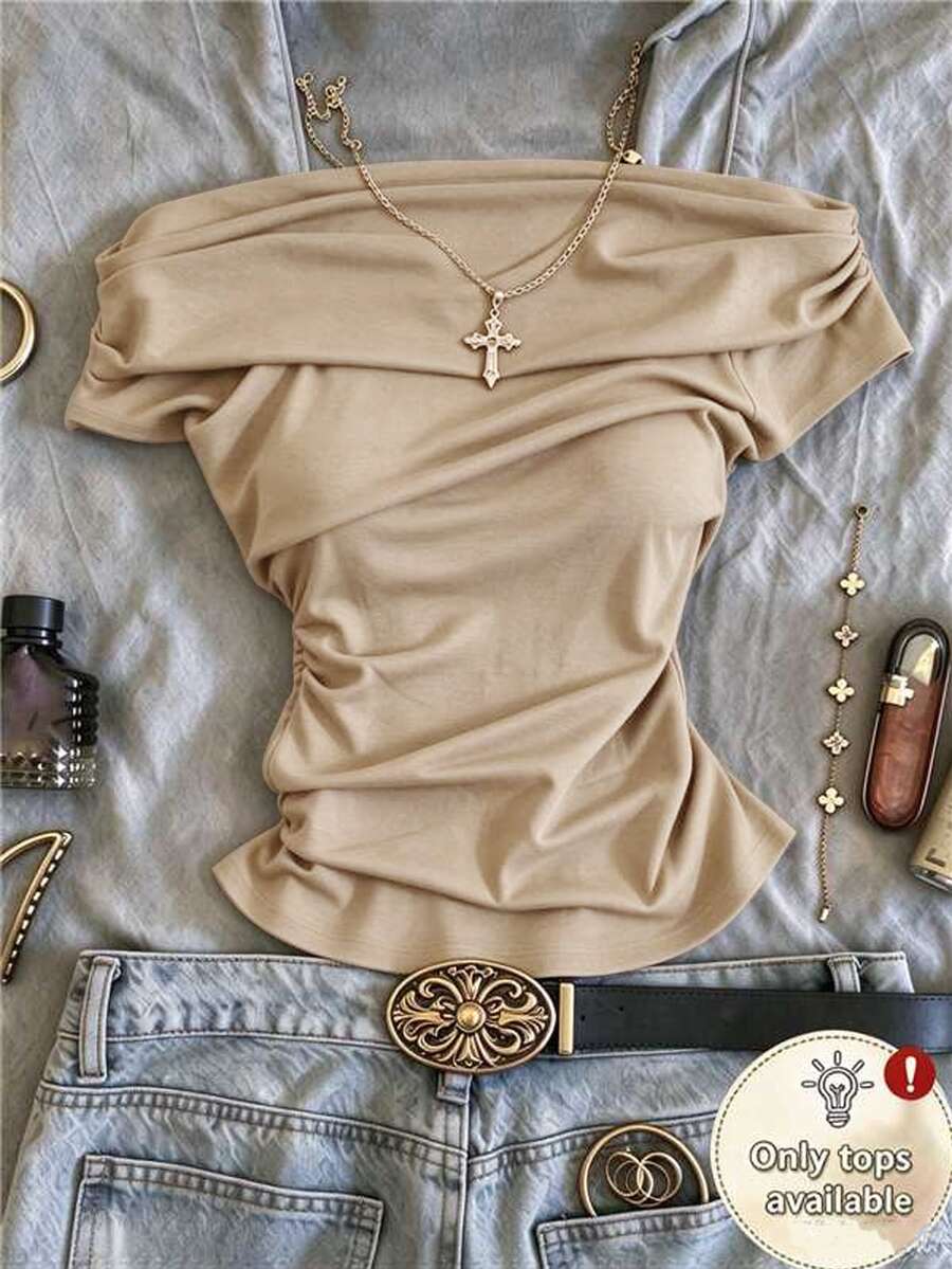 IslaSuriya 女款純色抓皺單肩休閒日常上衣 - 摩卡棕 - 查看 1