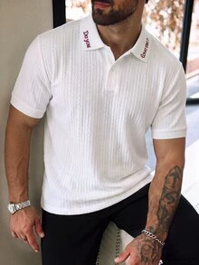 Manfinity Homme Premium Texture Diamond Pattern Fabric Contrast Trim Collar Men's Business Casual Short Sleeve Shirt - White - View 4