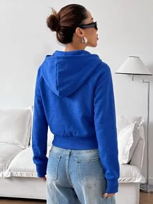 SHEIN EZwear 女款純色極簡運動休閒寬鬆連帽衛衣，適合畢業季、機場、開學穿搭，教師秋季灰色款 - 寶藍色 - 查看 2