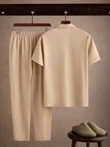 Core Aspect Men's Solid Color Short Sleeve Shirt And Long Pants Casual Daily Outfit - Apricot - View 2