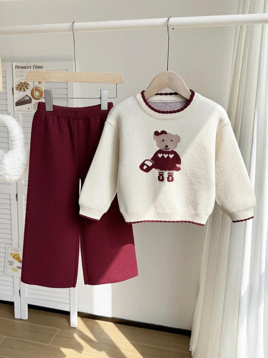 SHEIN 2026 Spring/Autumn New 4-7 Years Old Girls Sweater Set, 2 Pieces Set Suitable For Casual Outings, Weekend Family Gatherings And School Activities - Red - View 1