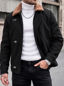 Manfinity CasualCool 男士成熟休閒純色羊毛短夾克，節日送禮最佳選擇 - 黑色 - 查看 4