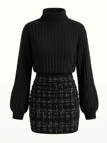 Young Girls 2-In-1 Mock Neck Dress, Black Ribbed Knit Top & Tweed Plaid Snug Fit Skirt Outfits For Fall Winter - Black - View 3