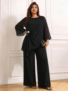 Femmeverse Women's Plus Size New 2 Pieces Set - Asymmetrical Hem Metal Button Decor Top And Loose Long Pants, Elegant Lady Style, Suitable For Autumn Party Wear - Black - View 4