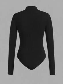 SHEIN EZwear Two Pieces Set Women Stand Collar Bodysuit With Long Sleeves, Multi-Color, Knitted, Suitable For Winter - Black - View 8