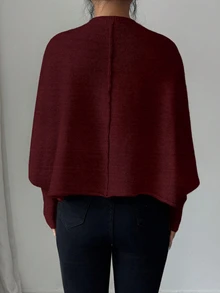 Elenzga 女款秋季新品單件圓領極簡優雅短版針織套頭長袖毛衣，百搭日常穿著與通勤 - 酒紅色 - 查看 2