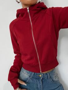 SHEIN EZwear 女款純色極簡運動休閒寬鬆連帽衛衣，適合畢業、機場、返校穿搭，教師秋季灰色上衣 - 酒紅色 - 查看 3