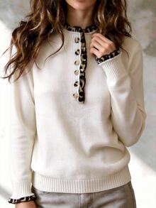 Penseblé Women's Spring/Summer New Single Piece Round Neck Leopard Print Lace Patchwork Fashionable Personalized Leopard Print Button Daily Versatile Fashionable Personalized Knit Pullover Long Sleeve Sweater - Beige - View 4