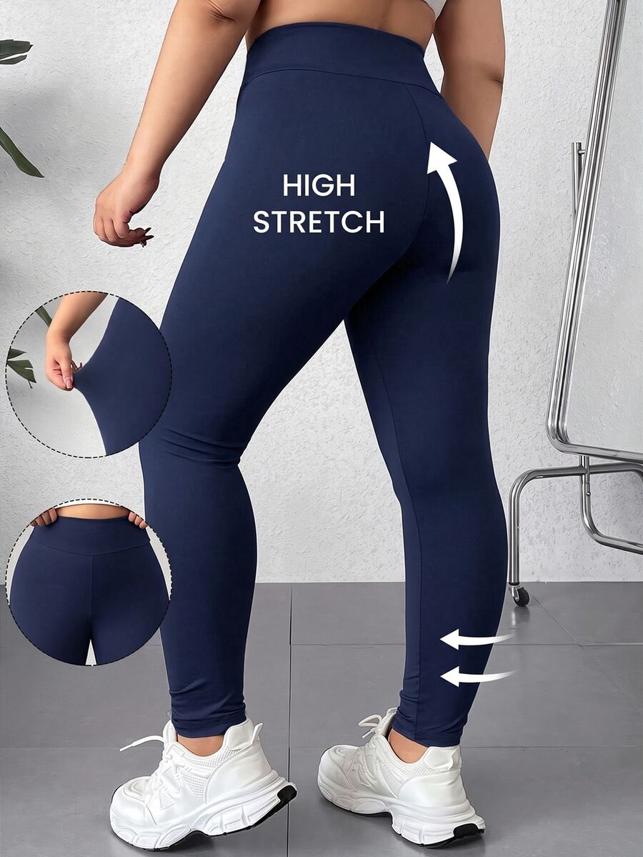 SHEIN EZwear 大尺碼純色彈性高腰緊身褲 健身 正式 度假 黑色 夏季 休閒 俐落 寬鬆 - 藏蓝色 - 查看 1