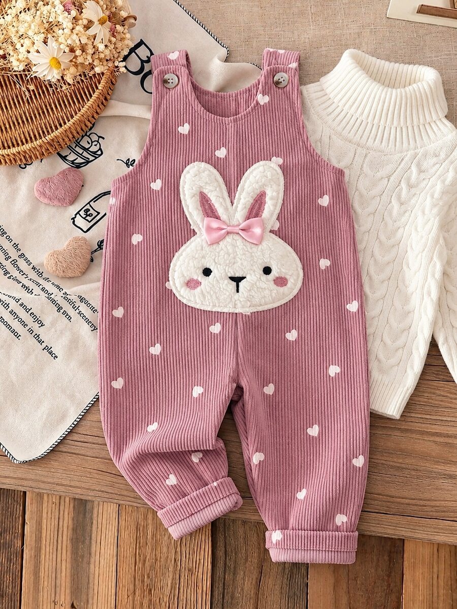 SHEIN 女嬰可愛兔子刺繡燈芯絨連身褲，滿版愛心印花，秋冬長褲，甜美公主風休閒套裝，適合節慶、派對、聚會與拍照 - 粉色 - 查看 1