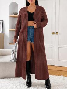 SHEIN EZwear 大尺碼女款純色極簡休閒長袖長版大衣 冬季秋季 - 巧克力棕 - 查看 4