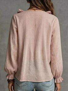 Omancia Vintage Casual V-Neck Double Layer Ruffle Tie Sleeve Pink Blouse - Pink - View 2