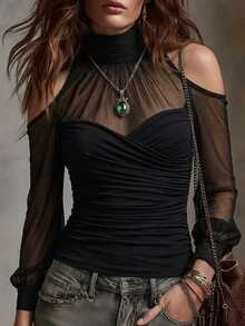 SHEIN Women's Black Mesh Cold Shoulder Long Sleeve Top, Criss-Cross Ruched Slim Fit Sheer Mesh Patchwork Base Layer T-Shirt - Black - View 4