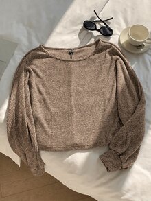 SHEIN EZwear 燈籠袖混色針織毛衣，秋冬款針織毛衣 - 駝色 - 查看 3