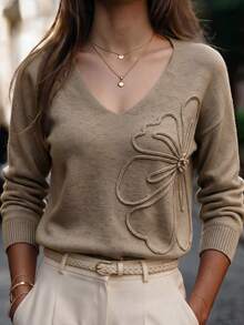 RosyDaze V-Neck 3D Butterfly Patchwork Loose Drop Shoulder Knit Sweater Women Slouchy Long Sleeve Pullover - Volcanic Gray - View 3