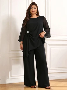 Femmeverse Women's Plus Size New 2 Pieces Set - Asymmetrical Hem Metal Button Decor Top And Loose Long Pants, Elegant Lady Style, Suitable For Autumn Party Wear - Black - View 5