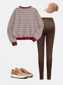 Tween Girls Autumn/Winter Casual Fashion Red Contrast Striped Crew Neck Sweatshirt And Leggings Set - Multicolor - View 2