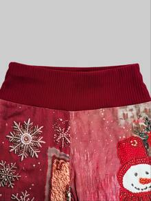 INAWLY Women's Fashionable Personalized Snowman Print Sports Long Pants - Red - View 6