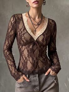 Omancia Women's Colorblock V-Neck Long Sleeve Front Tie Lace Fitted Top - Brown - View 5