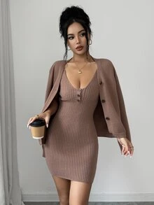 Elenzga Women's Autumn/Winter Mocha Brown Knit Set, Ribbed Texture, Cardigan And Cami Mini Skirt 2 Pieces Outfit, Elegant And Relaxed European Style, Suitable For Holiday, Date, Daily Commute, Party And Autumn Outings - Brown - View 3