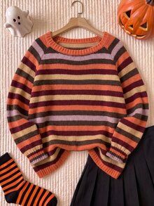 Comfortcana Plus Size Burnt Orange Striped Pattern Raglan Sleeve Sweater Halloween Thanksgiving Formal Graduation Vacation Autumn Retro Casual 80s - Multicolor - View 1